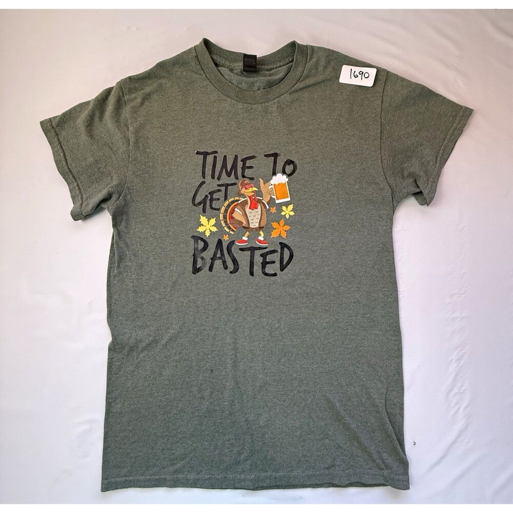 Gildan Time To Get Basted Turkey Beer T-Shirt Small Heather Green Thanksgiving